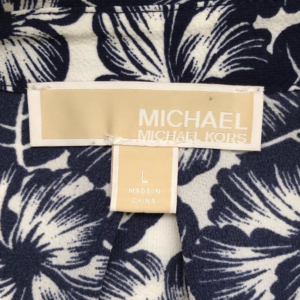MICHAEL KORS Long Roll-tab Sleeve Floral Blue Hibiscus Tunic Top Blouse Size L - Picture 10 of 14